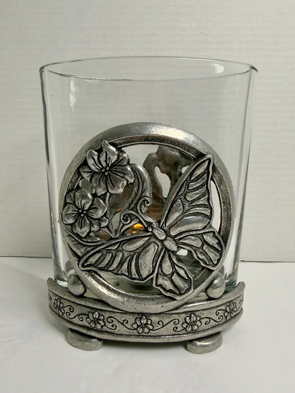 Butterfly Floral Glass Votive Holder - Silver
